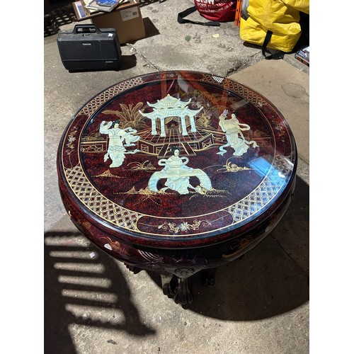254 - A fantastic example of a Chinese hardwood circular glazed table and 4 stools - mother of pearl inlay... 