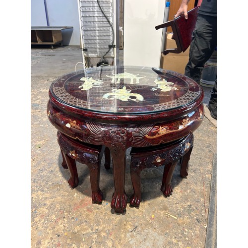 254 - A fantastic example of a Chinese hardwood circular glazed table and 4 stools - mother of pearl inlay... 