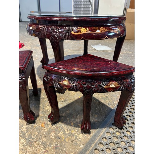 254 - A fantastic example of a Chinese hardwood circular glazed table and 4 stools - mother of pearl inlay... 