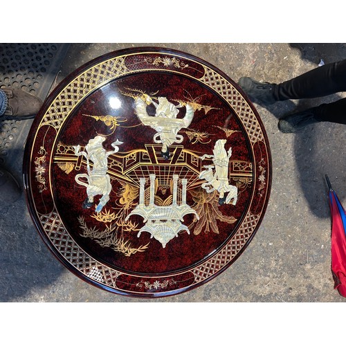 254 - A fantastic example of a Chinese hardwood circular glazed table and 4 stools - mother of pearl inlay... 