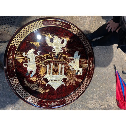 254 - A fantastic example of a Chinese hardwood circular glazed table and 4 stools - mother of pearl inlay... 