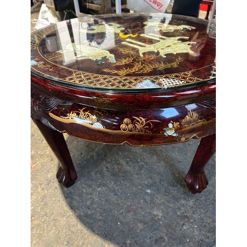 254 - A fantastic example of a Chinese hardwood circular glazed table and 4 stools - mother of pearl inlay... 
