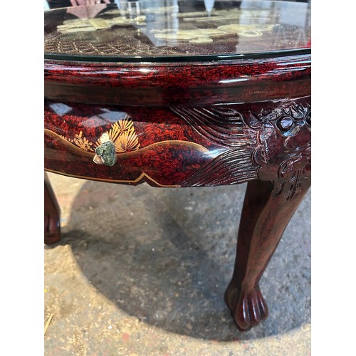 254 - A fantastic example of a Chinese hardwood circular glazed table and 4 stools - mother of pearl inlay... 