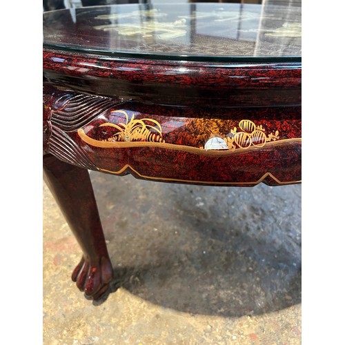 254 - A fantastic example of a Chinese hardwood circular glazed table and 4 stools - mother of pearl inlay... 