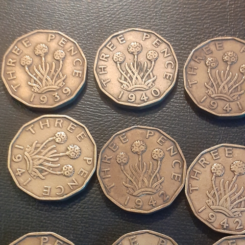 314A - Threepenny bit war years date run plus scarcer dates 1951 & 1952. Duplicates of sone. 19 coins in to... 