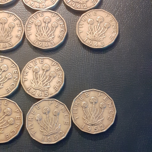 314A - Threepenny bit war years date run plus scarcer dates 1951 & 1952. Duplicates of sone. 19 coins in to... 