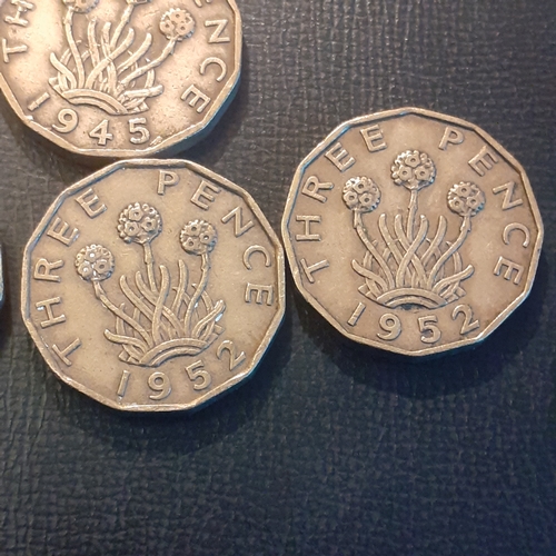 314A - Threepenny bit war years date run plus scarcer dates 1951 & 1952. Duplicates of sone. 19 coins in to... 