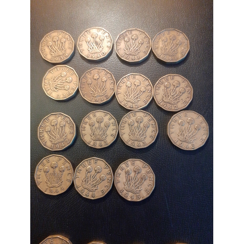 314A - Threepenny bit war years date run plus scarcer dates 1951 & 1952. Duplicates of sone. 19 coins in to... 