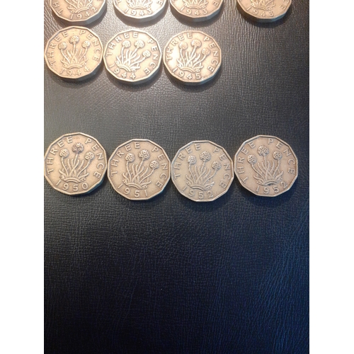 314A - Threepenny bit war years date run plus scarcer dates 1951 & 1952. Duplicates of sone. 19 coins in to... 