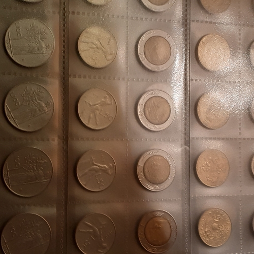315A - Folder containing pages of coins mostly European countries pre Euro. Lira, Francs, Swiss coinage etc... 