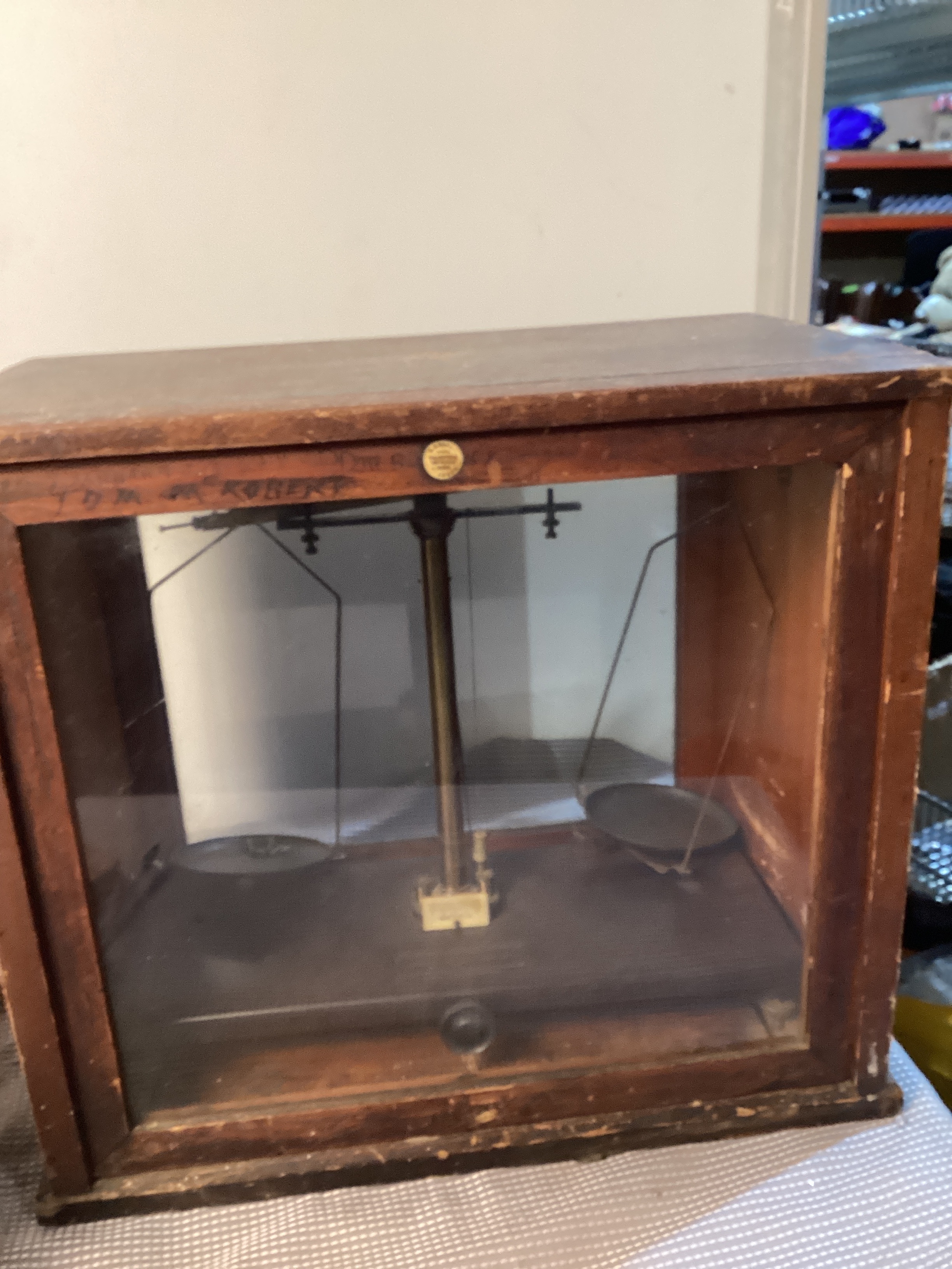 Vintage Brass Griffin & George scales in cabinet