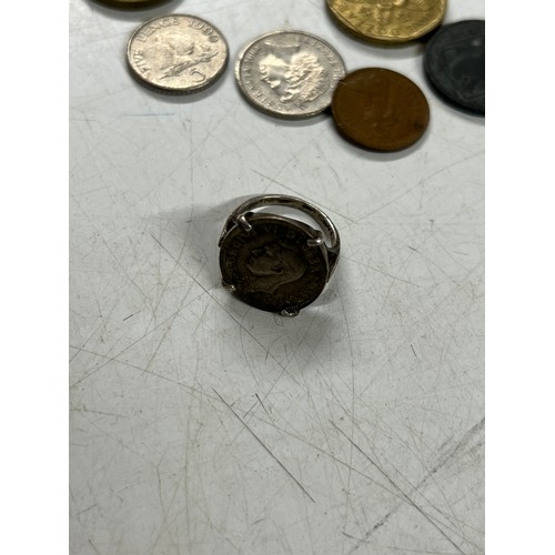 Selection of foreign coins and sterling silver ring with George 1940 ...