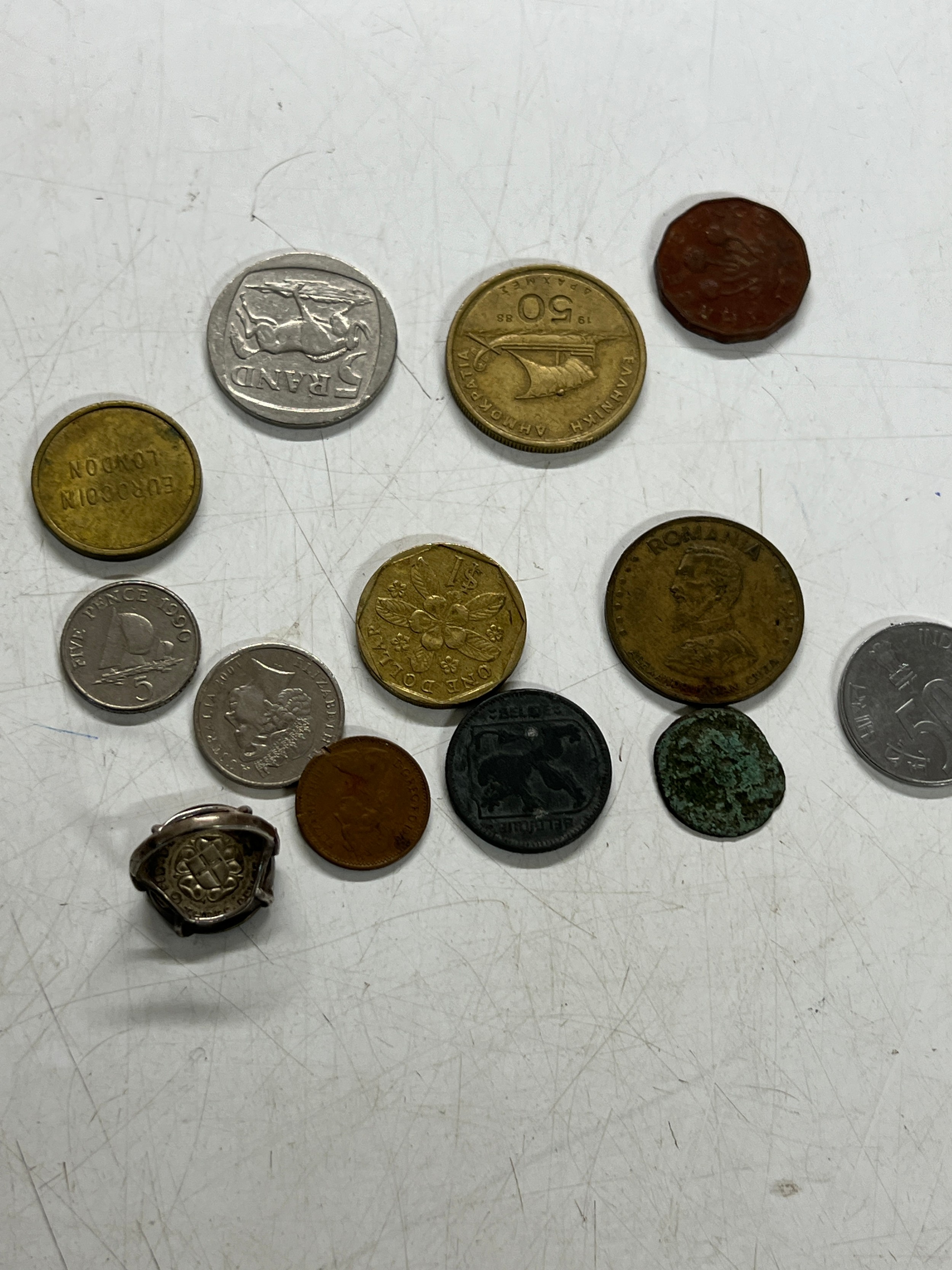 Selection of foreign coins and sterling silver ring with George 1940 ...