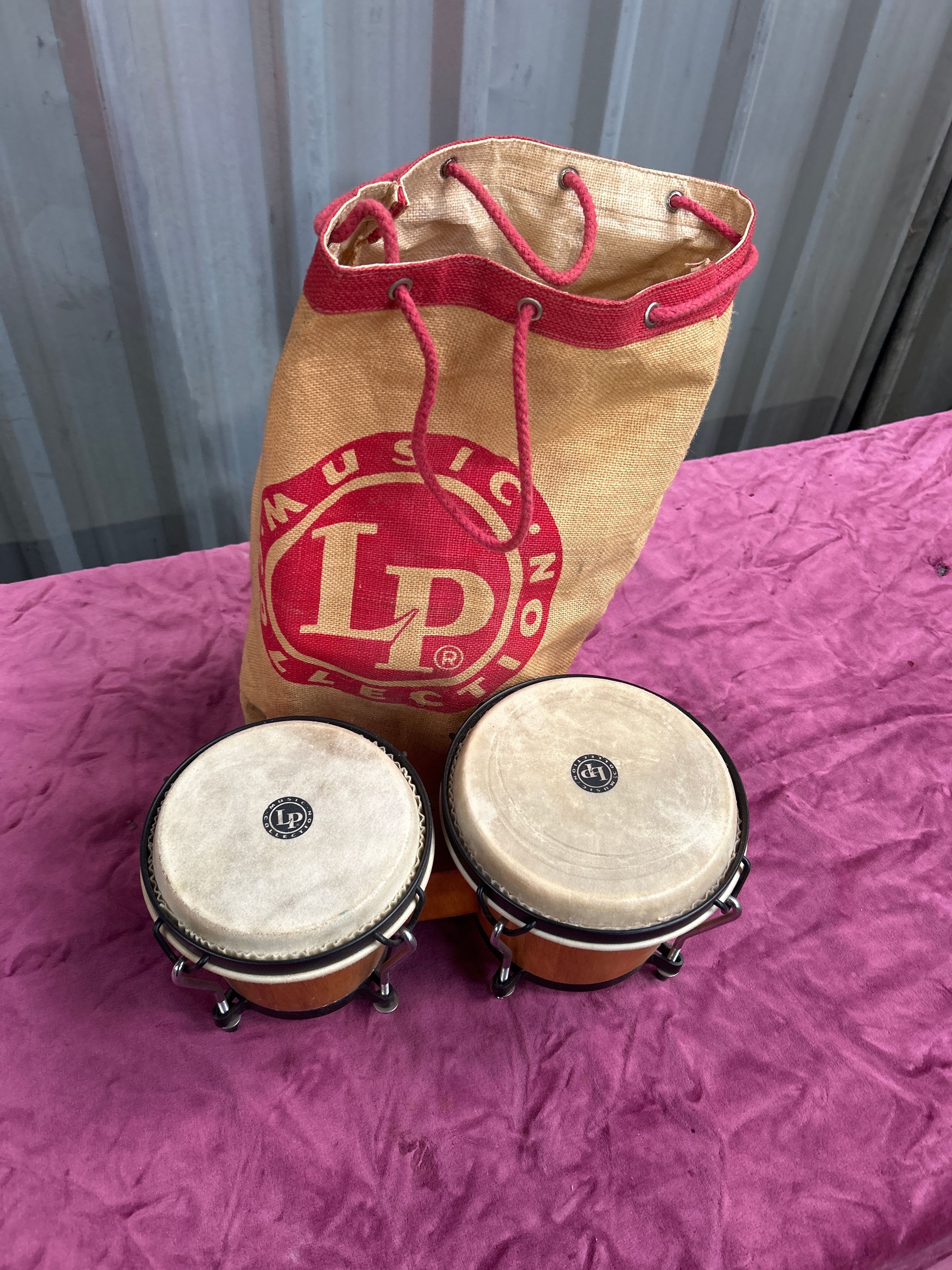 LP music collection pair of bongo drums