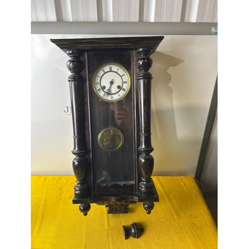 Vintage oak cased wall clock with key & pendulum - 70cm tall
