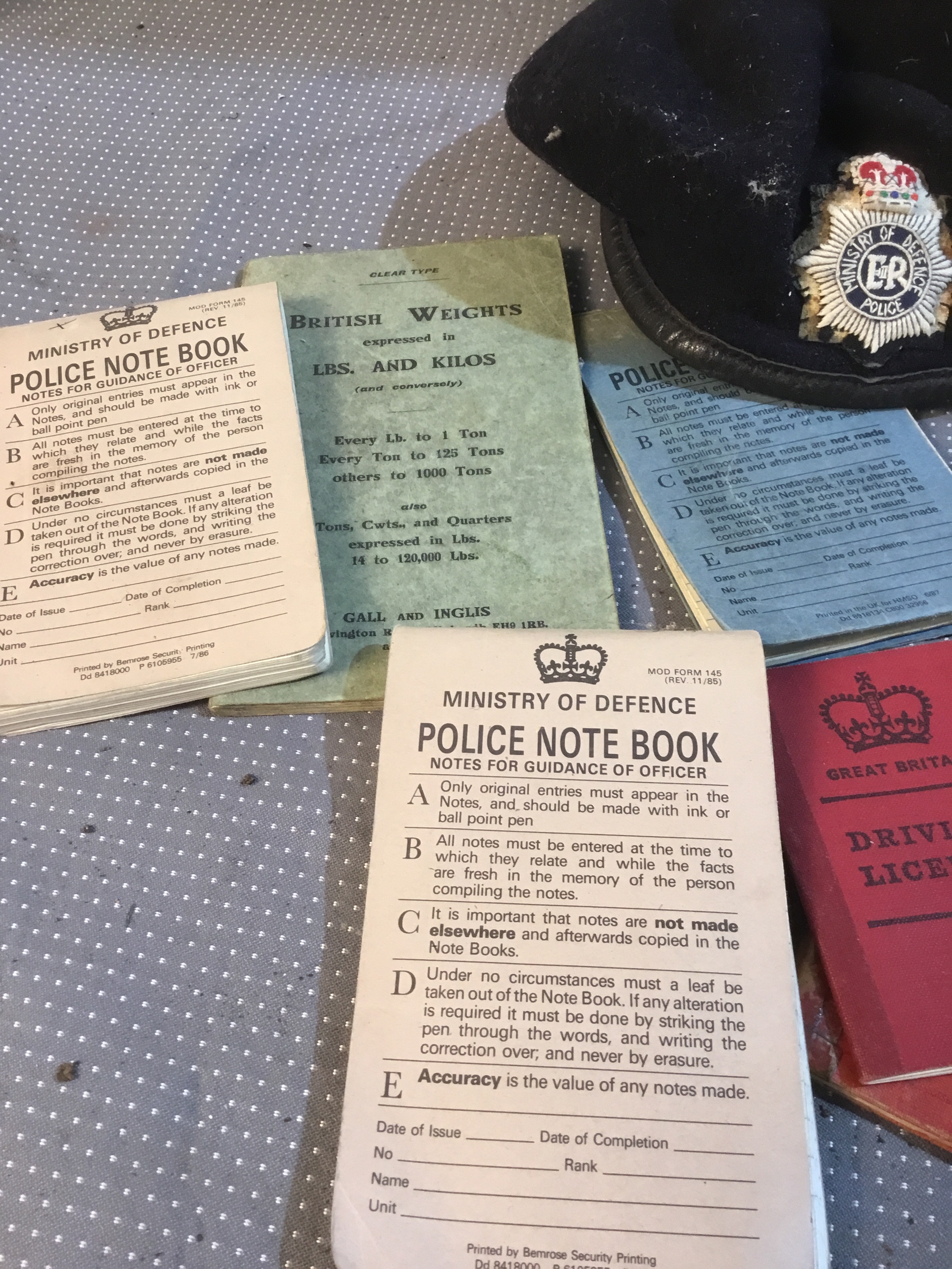 Ministry of Defence police cap plus various police note books and others