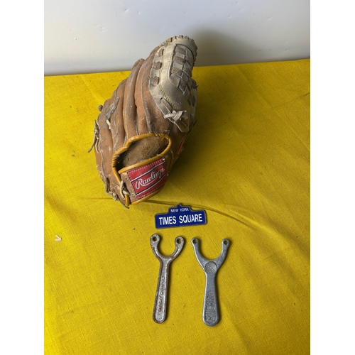 66 - Vintage pair of catapults, baseball glove and New York metal small sign