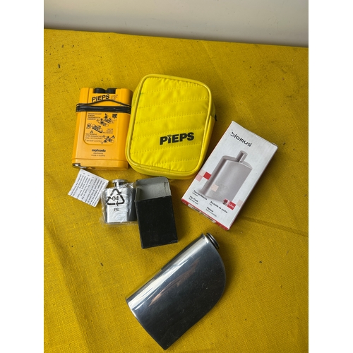 68 - Quantity of hip flasks inc an avalanche signaller with case