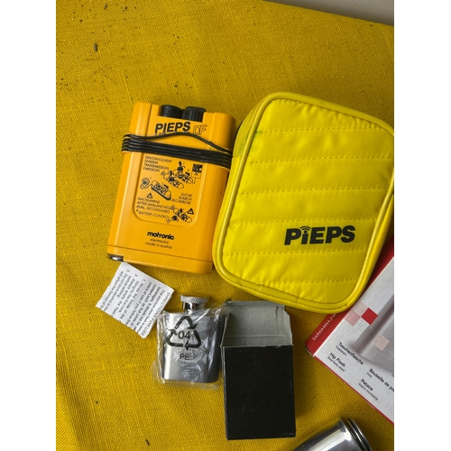 68 - Quantity of hip flasks inc an avalanche signaller with case
