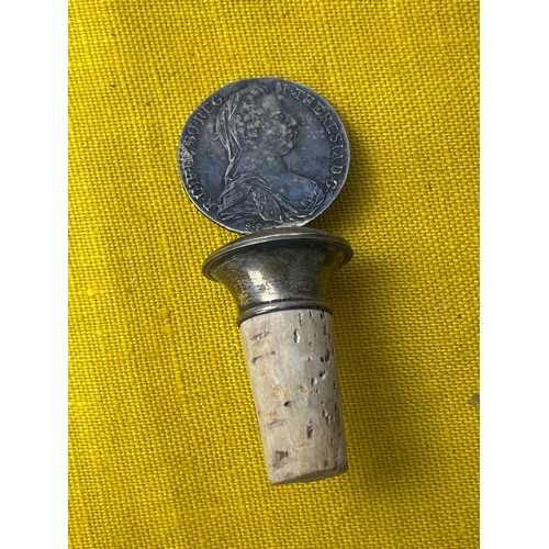 71 - Mother Theresa silver coin mounted on silver topped bottle top - approx 40g of silver