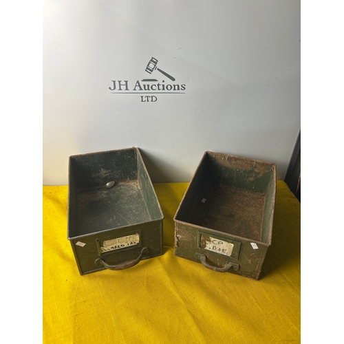 82 - Pair of green metal deep storage trays - 40cm long