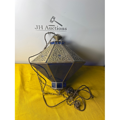 105 - Large brass & blue glass hanging ceiling light - moorish style - 50cm tall