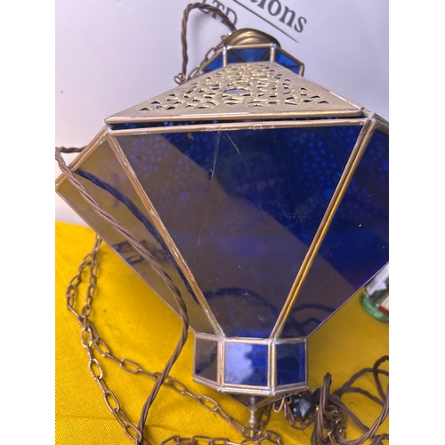 105 - Large brass & blue glass hanging ceiling light - moorish style - 50cm tall