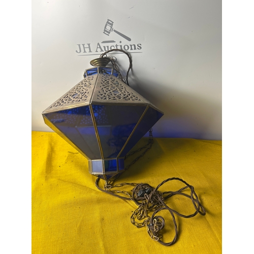105 - Large brass & blue glass hanging ceiling light - moorish style - 50cm tall