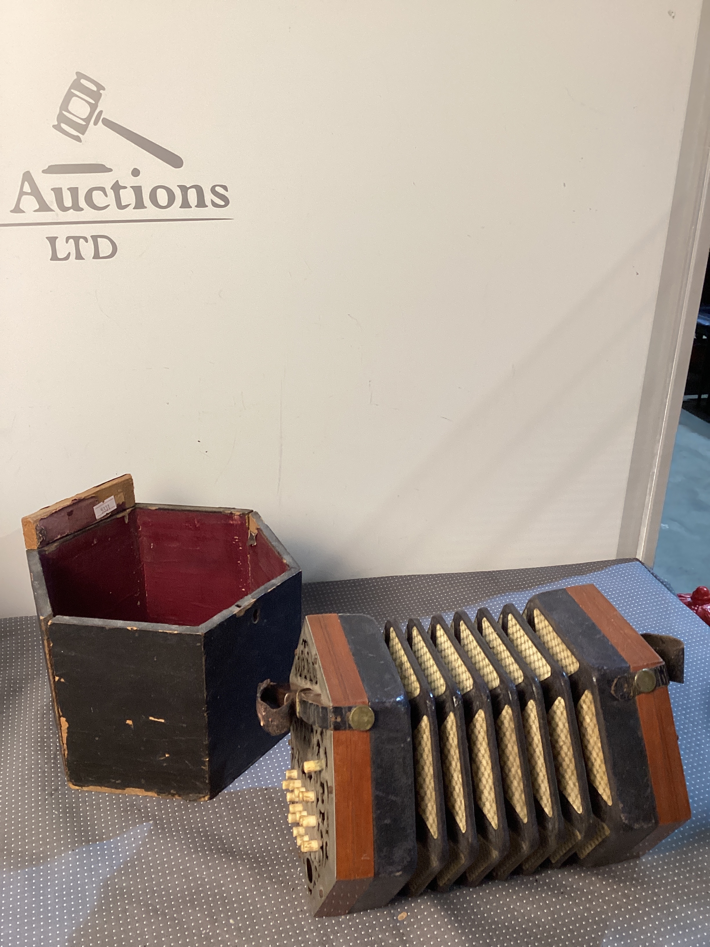 Vintage Lachenal concertina squeezebox with storage box
