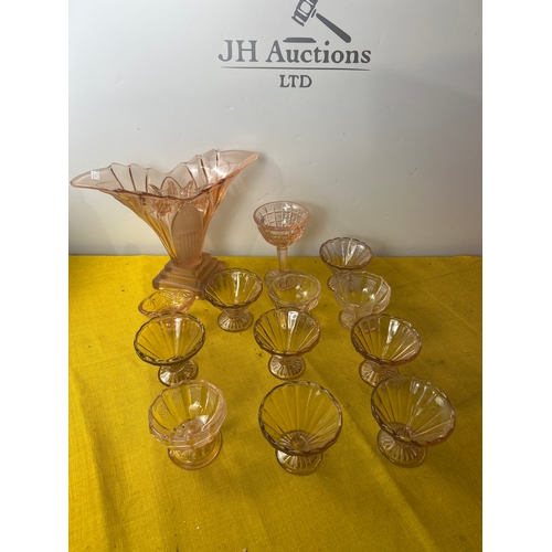 61 - Quality of pink glass inc fluted art deco vase