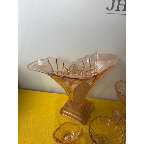 61 - Quality of pink glass inc fluted art deco vase