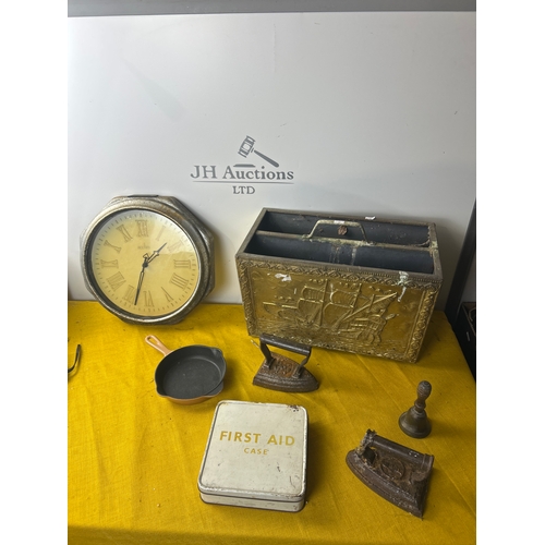 62 - Metal lot inc brass magazine rack, cast irons, acctim clock and cast iron french skillet