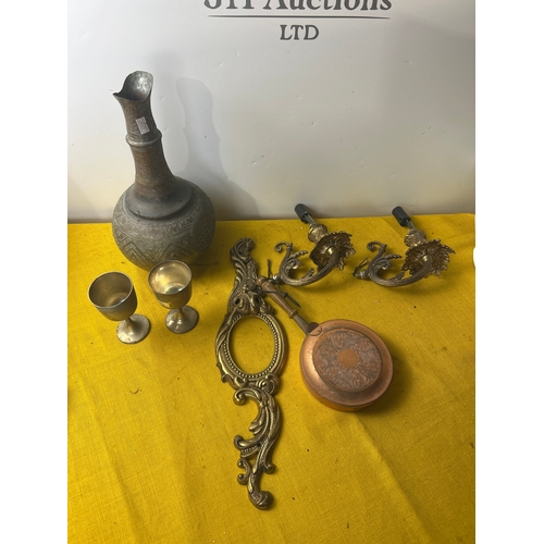 66 - Indian brass jug, gold gilt wall lights & photo frame, copper pan and more
