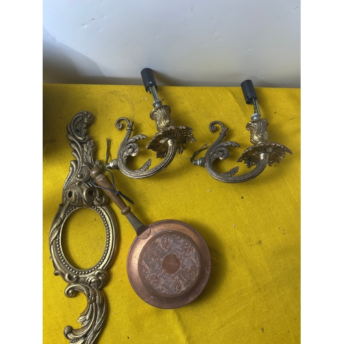66 - Indian brass jug, gold gilt wall lights & photo frame, copper pan and more