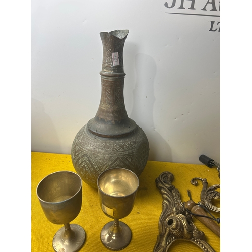66 - Indian brass jug, gold gilt wall lights & photo frame, copper pan and more