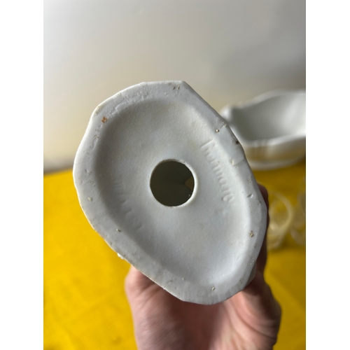 67 - Pair of Arthur wood fluted vases, German figurines and pair of Peroni glass tankards