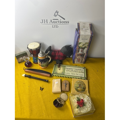 74 - Mixed lot inc dog door stop, recorder, small drum, cruet set and more