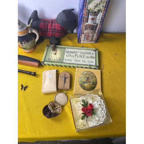 74 - Mixed lot inc dog door stop, recorder, small drum, cruet set and more