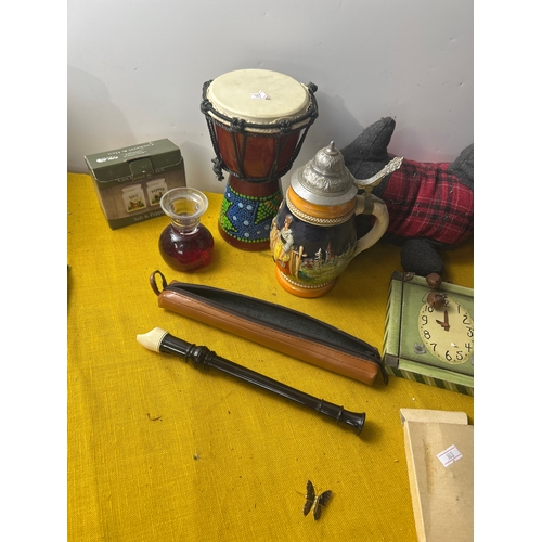74 - Mixed lot inc dog door stop, recorder, small drum, cruet set and more