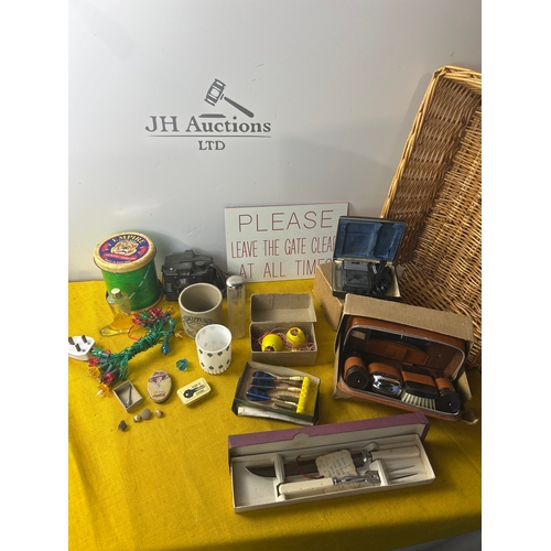 106 - Collectible lot inc vanity set, carving knife, darts, Christmas lights and more