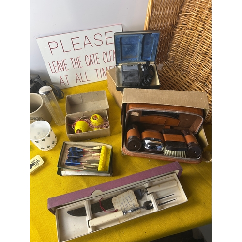 106 - Collectible lot inc vanity set, carving knife, darts, Christmas lights and more