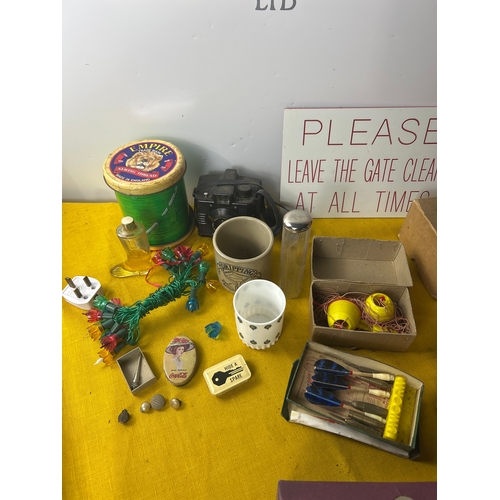 106 - Collectible lot inc vanity set, carving knife, darts, Christmas lights and more