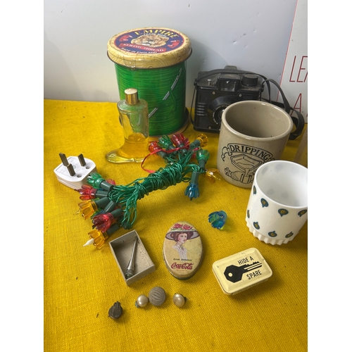 106 - Collectible lot inc vanity set, carving knife, darts, Christmas lights and more