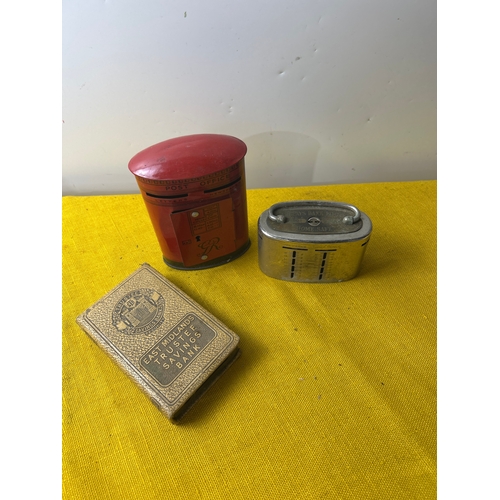 108 - Three vintage money banks inc Barclays, post office and East Midlands - coins inside!