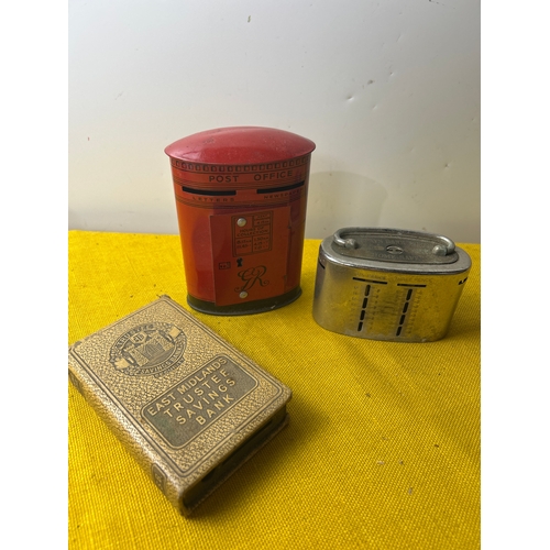 108 - Three vintage money banks inc Barclays, post office and East Midlands - coins inside!