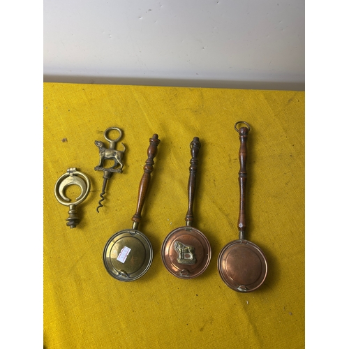 7 - Selection of miniature copper & brass pans with brass corkscrew