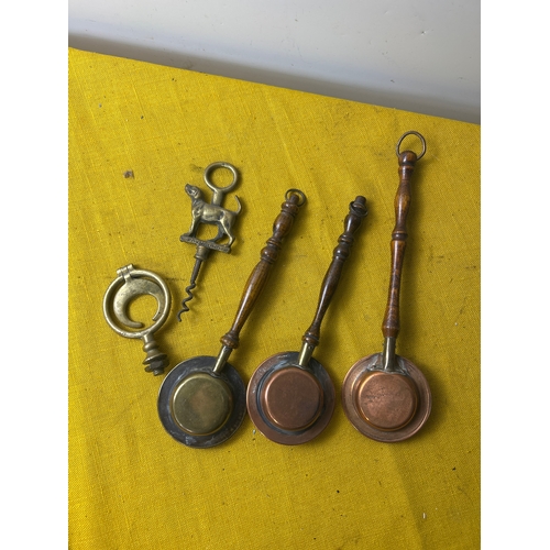 7 - Selection of miniature copper & brass pans with brass corkscrew