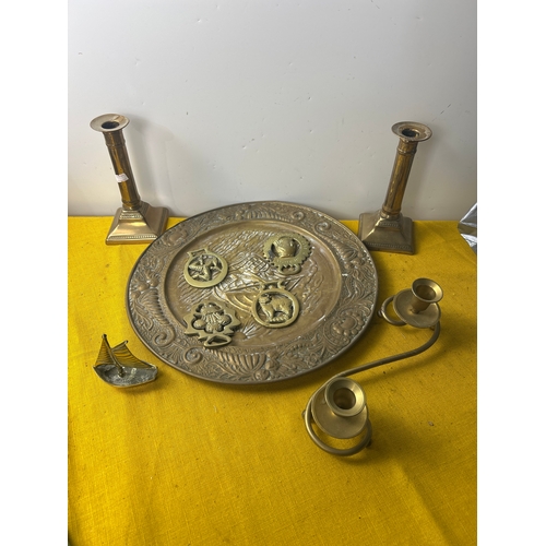 12 - Brassware Inc pair of candle sticks, horse brasses and more
