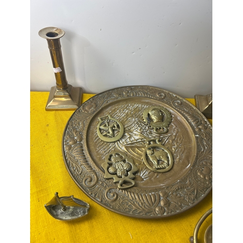 12 - Brassware Inc pair of candle sticks, horse brasses and more