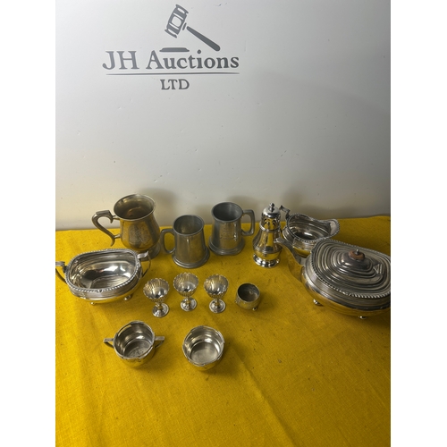 13 - Silver plate and pewter lot inc tankards, teapot and dishes
